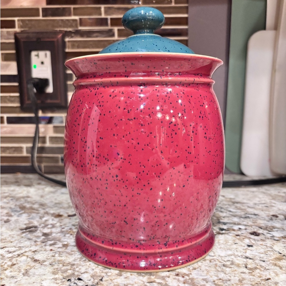 Denby harlequin Speckled Burgundy & Blue jar with a green Lid